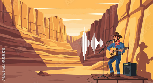 Cowboy musician performance amidst the grandeur of a desert canyon landscape