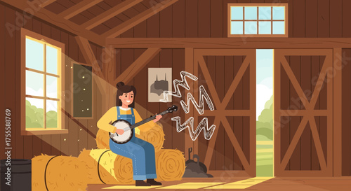 A joyful woman composing melodies on her banjo sitting on haystacks in the barn