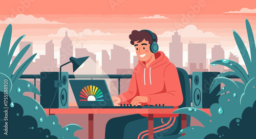 Creative individual working on a laptop outdoors with cityscape backdrop