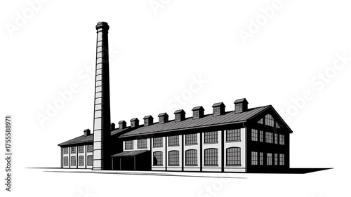 Historic industrial building with tall chimney against a white background, representing manufacturing and heritage.