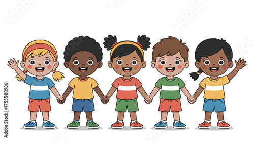 Diverse group of happy children holding hands, celebrating friendship and unity