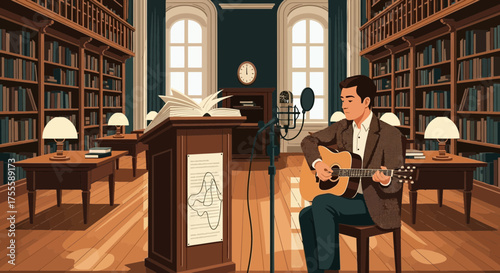 Acoustic session in a vintage library with guitarist surrounded by books