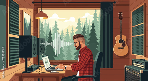 Cozy Home Studio Setup with Soundwave Design and Natural Forest Background