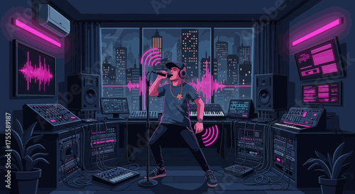 Energetic Vocalist in Neon-Lit Home Studio with Cityscape Backdrop at Twilight