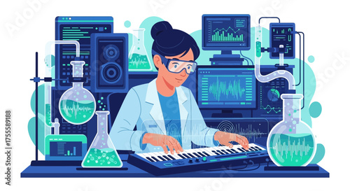Scientist composing sound waves at the keyboard in advanced laboratory setting