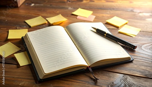 Open journal with pen on wooden table surrounded by sticky notes, Ready to write in the vintage journal with black pen and colorful sticky notes