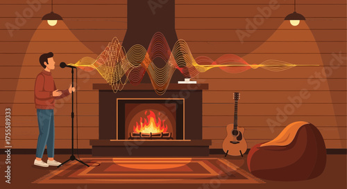 Cozy acoustic session with singer, warm fireplace and sound wave visualization