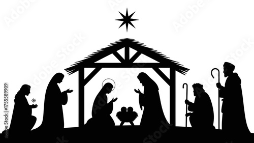 Peaceful Nativity scene silhouette with star shining above stable