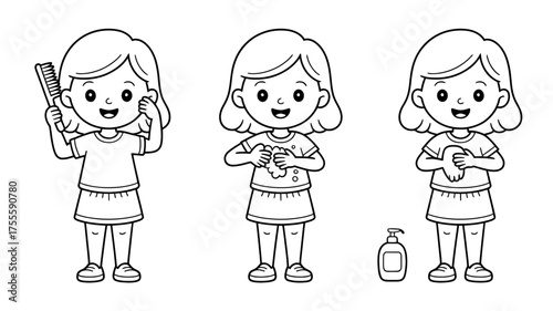 Cute cartoon girl demonstrates personal hygiene steps: brushing hair, washing hands, and using soap.