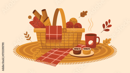 Cozy autumn picnic basket filled with treats and a warm drink on a rustic rug