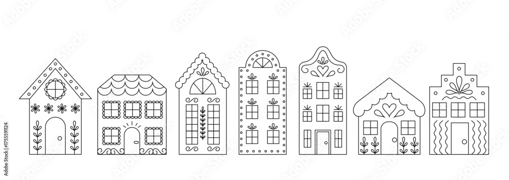 Naklejka premium Line Art Houses Collection. Cute Editable Stroke Fairy Tale Town Set. 