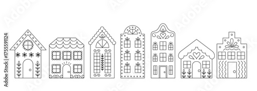 Line Art Houses Collection. Cute Editable Stroke Fairy Tale Town Set. 