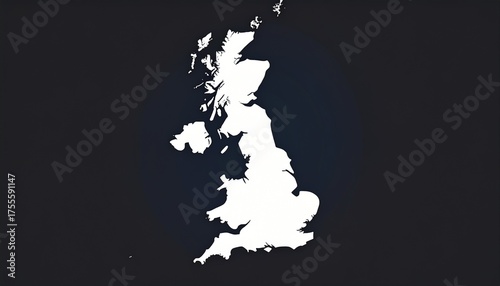 Map of the United Kingdom and Ireland in White on Dark Background, Stylized Silhouette Map of the British Isles for Geographic Visualizations