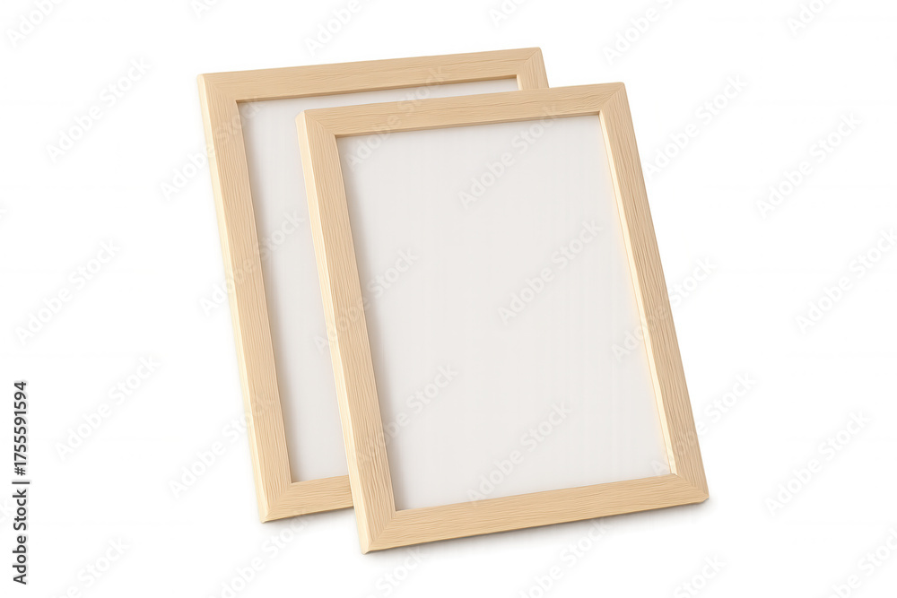 Fototapeta premium Two light wooden frames with empty white space, lying on transparent background, offering clear mockup template