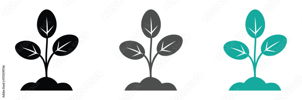 Ταπετσαρία Three plant icons sprouting life, symbol of growth concept,Three plants in black