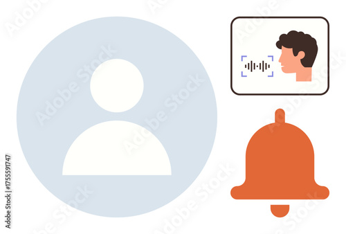 User profile icon, voice recognition display with sound waves, and notification bell emphasizing tech interactions. Ideal for identity, technology, notification, communication, security, AI