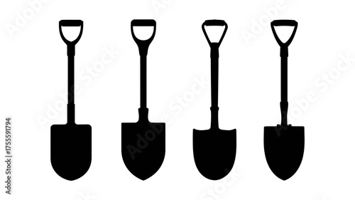 Four black shovels lined up in a row against a white background, ready for work.