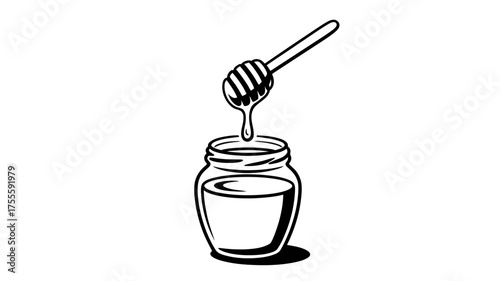Sweet golden honey dripping from a dipper into a clear glass jar, a delicious natural treat.