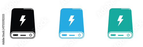 Power bank icon set offers phone charging on the go,Three power bank icons in black, blue, and green isolated on white background energy concept