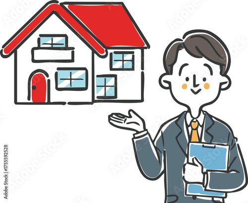 住宅の説明をするスーツ姿の男性　ベクター
