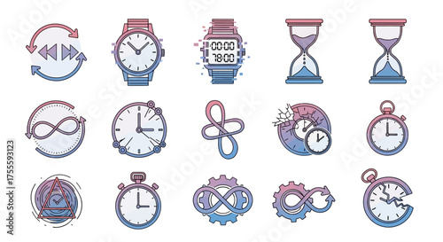 Diverse Time Concepts Depicted Through Unique Clock and Timer Icons
