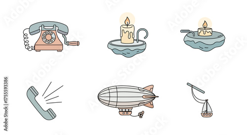 Illustrated Collection of Vintage Communication and Transportation Icons