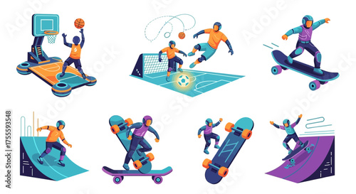 Isometric Sports Action Basketball Soccer and Skateboarding Illustrations in Vibrant Colors