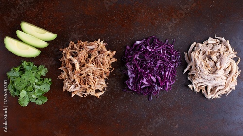 carnitas. Overhead view of Mexican taco ingredients arranged beautifully on a rustic surface. menu design, packaging mockups, designed for food delivery and cloud-kitchen brand materials.