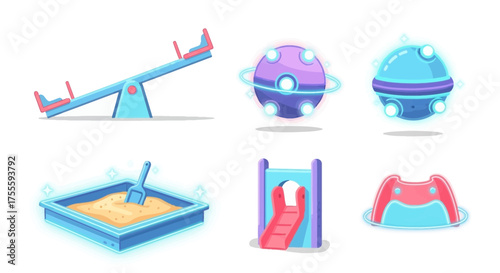 Playful Cartoon Playground Equipment with Glowing Outlines and Unique Designs
