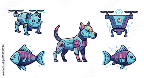 Robotic Animals and AI Drone Futuristic Illustrations of Technology and Nature