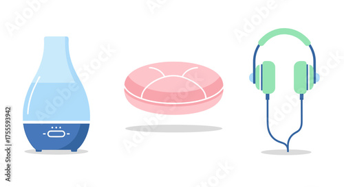 Vector Illustration of Aromatherapy Diffuser Soap and Headphones