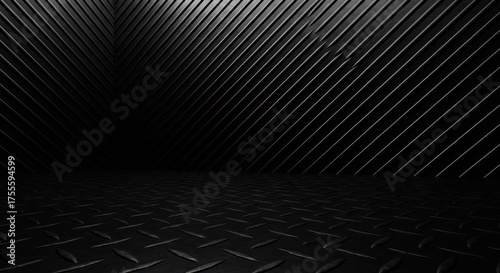 Dark, textured, geometric metal corner, abstract space, with floor pattern