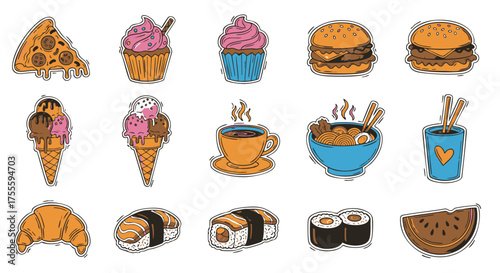 A Diverse Collection of Delicious Hand-Drawn Fast Food, Dessert, and Beverage Sticker Icons for Digital Menus, Apps, and Playful Design Projects