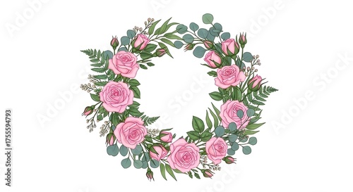  Floral wreath with pink roses and green leaves vector illustration