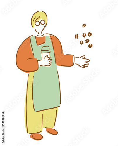 カフェではたらく男性スタッフ_アースカラーVer.手描きイラスト｜Man Working at Cafe	