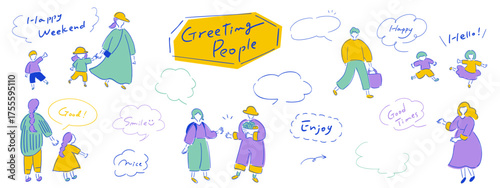 あいさつする人々_レトロポップなカラーVer.手書きイラスト＆吹き出し＆テキスト｜Greeting People	