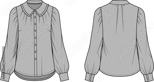 Women's blouse fashion technical flat with Peter Pan collar, puff sleeves, button placket, back yoke, garment construction vector illustration
