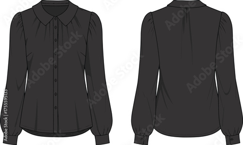 Black blouse technical fashion sketch with Peter Pan collar, gathered sleeves, button cuffs, front placket, and clean back seam design.