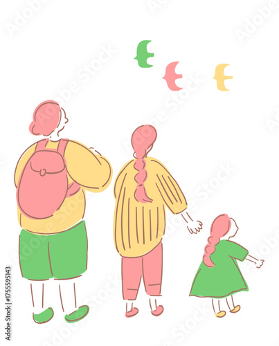 後ろ姿の家族_ライトなカラーVer.手描きイラスト｜Family from Behind	