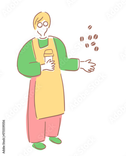 カフェではたらく男性スタッフ_ライトなカラーVer.手描きイラスト｜Man Working at Cafe	