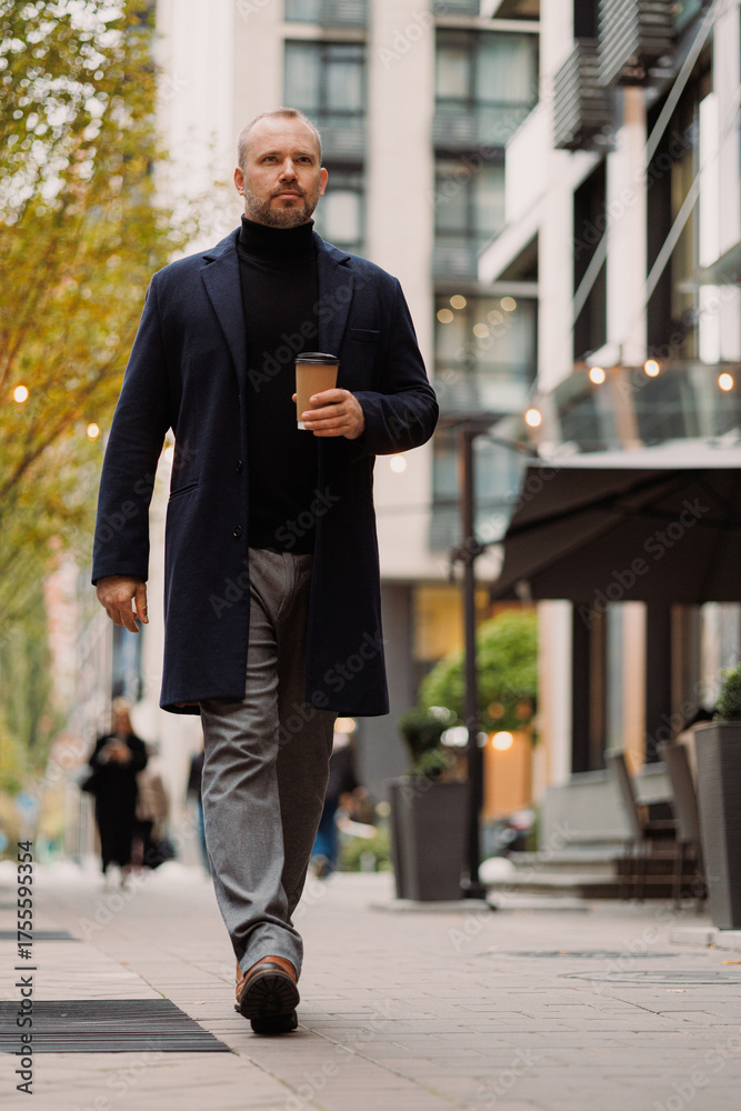 Obraz premium Adult businessman in coat holding takeaway coffee while walking on street