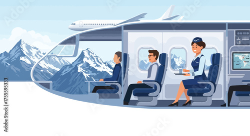 Stylized airplane interior with flight attendant and passengers overlooking mountains