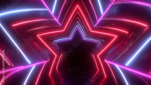 Vibrant abstract tunnel formed by intersecting neon star shapes in electric blue and fiery red hues