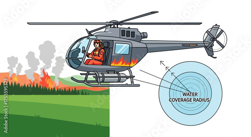 Helicopter extinguishing wildfire, illustrating water coverage and aerial firefighting techniques