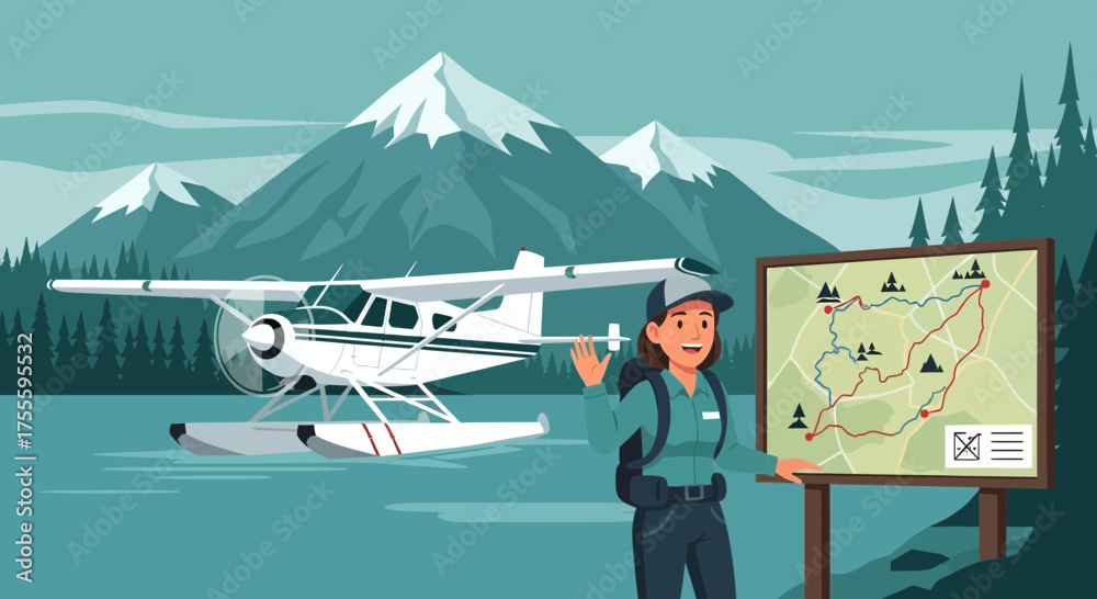 Obraz premium Adventure seeker exploring mountainous terrain with seaplane transport and detailed map