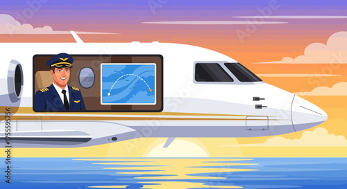 Animated illustration of a private jet pilot overseeing flight with navigation screen