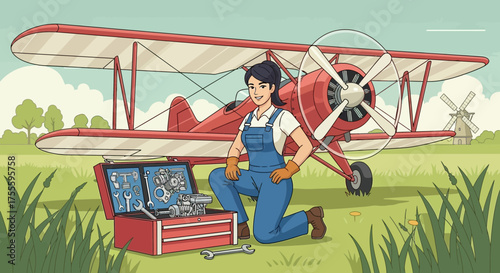 Female aviation mechanic repairing classic biplane engine on a grassy airfield