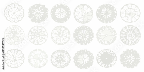 Collection of abstract circular patterns and designs in light gray and white