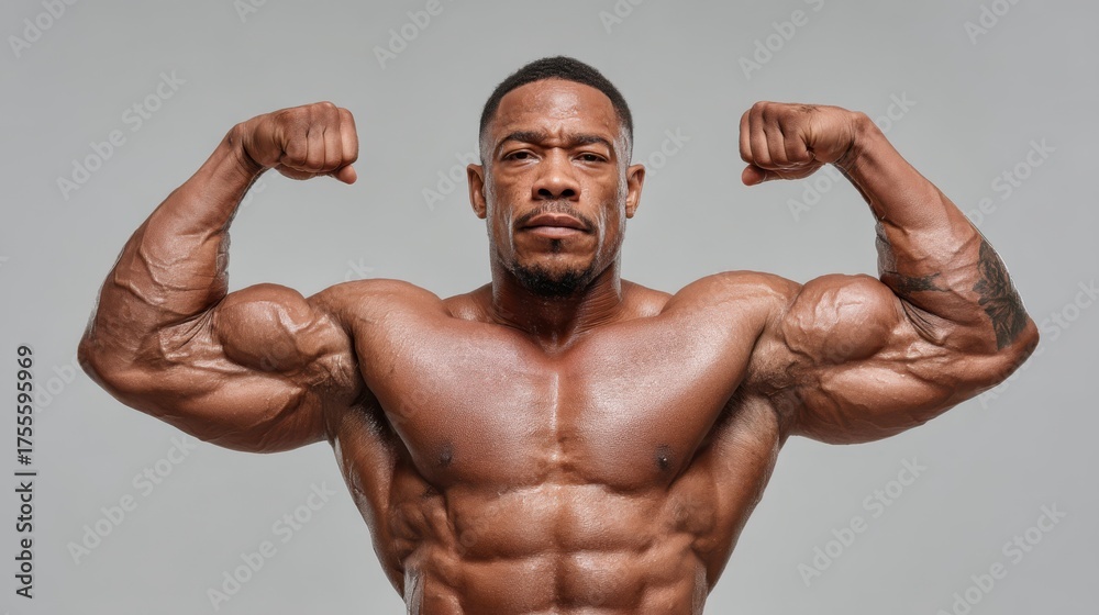 Fototapeta premium Muscular bodybuilder performing classic front double biceps pose gym studio fitness photography neutral background close-up strength training