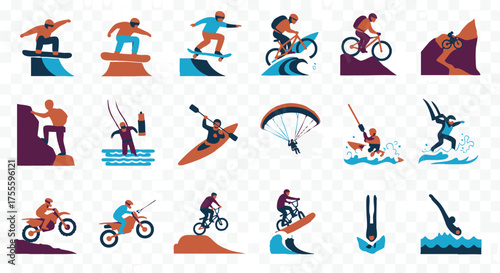 A dynamic collection of flat vector icons showcasing people participating in various extreme sports and outdoor adventure activities